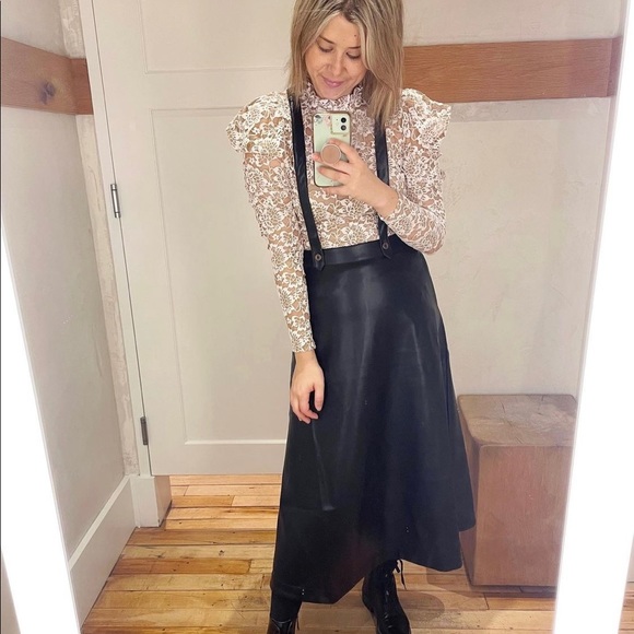 NWT Anthropologie Black Faux Leather Adjustable Pinafore Skirt w/ Pockets 12 - Picture 2 of 13